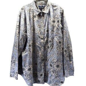 Chaps Women's Top Blouse Size 2X Plus Blue Floral Long Sleeve Button Up Cotton